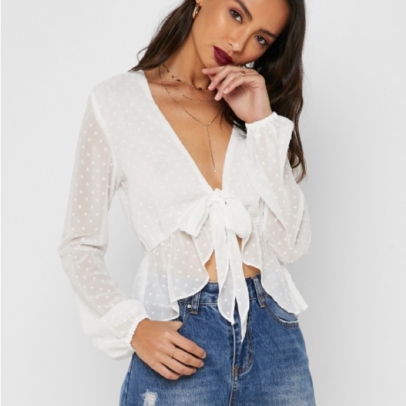 TCEC Dobby Mesh Tie Front Peplum Top - Picture 2 of 16